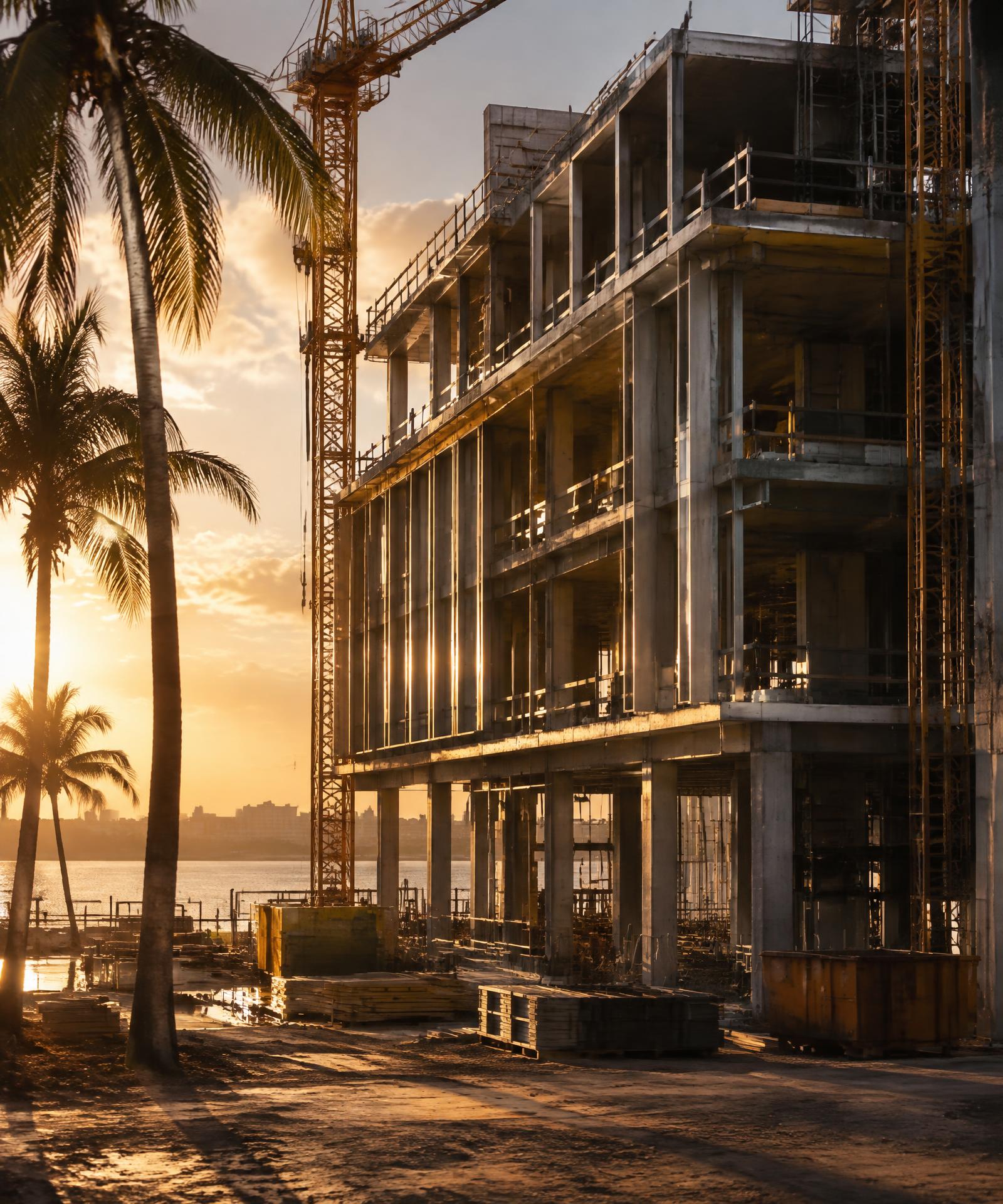 Commercial building under construction in Darwin at golden hour, crane and concrete frame against a tropical sky