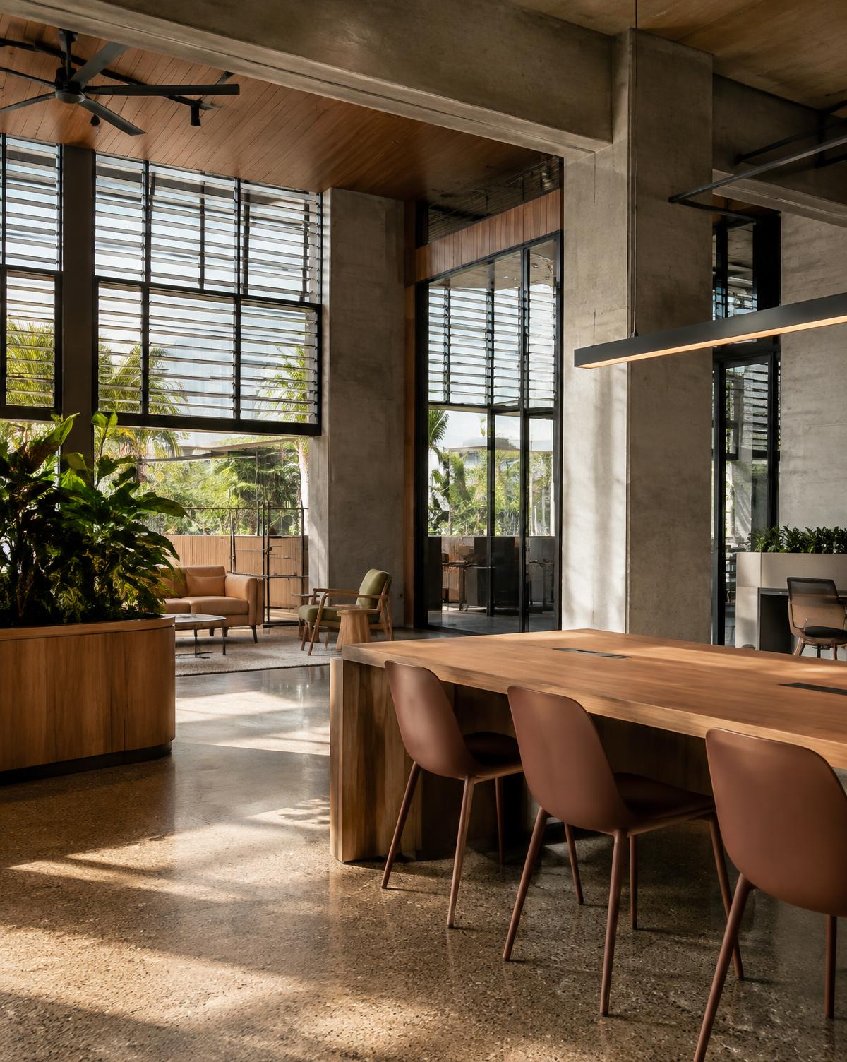 Completed commercial office fit-out with timber, concrete and louvred glazing in tropical northern Australia