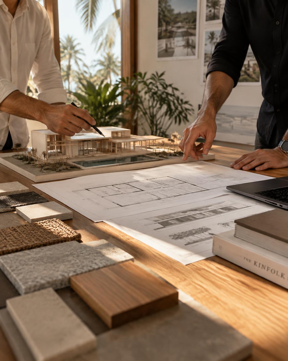 Architect and builder reviewing a building model, drawings and material samples on a timber table
