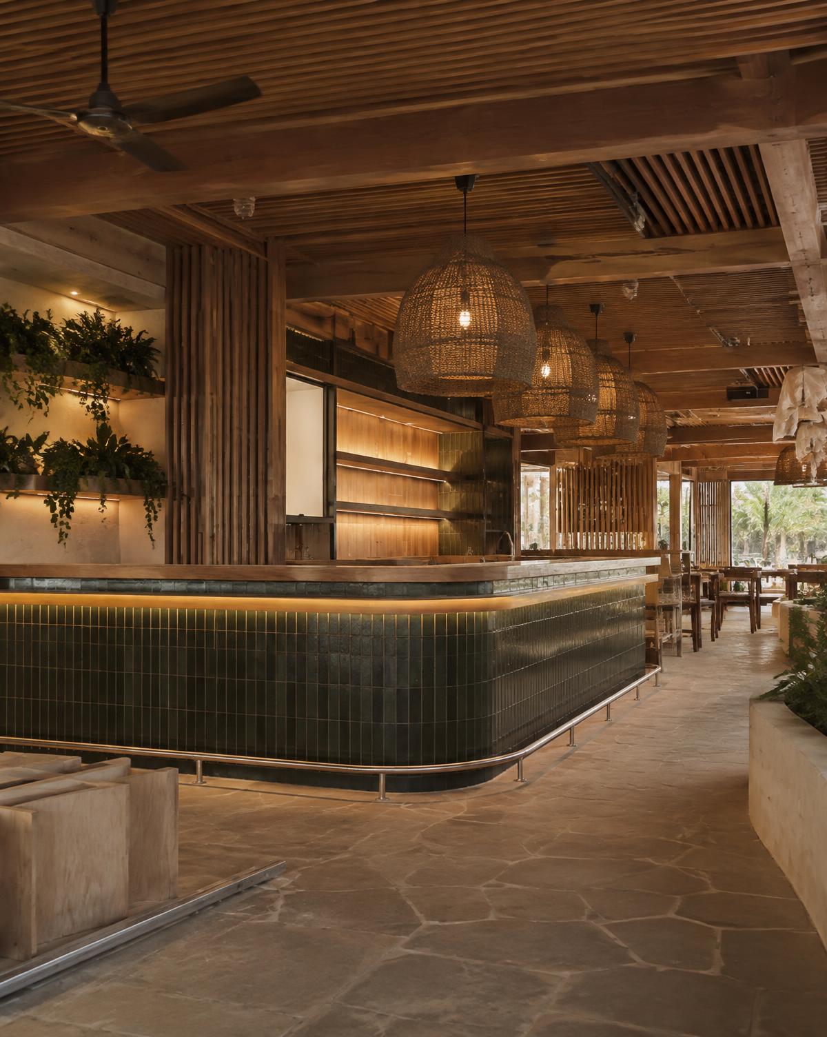 Newly completed hospitality venue interior with tiled bar, timber battens and woven pendant lighting